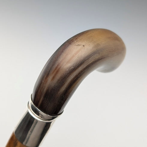 Vintage horn crop handle sterling silver decorated walking stick 85cm